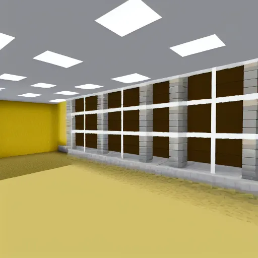 Image similar to empty 9 0 s office building with no windows doors or furniture in minecraft, the building has brown carpet and yellow wallpaper