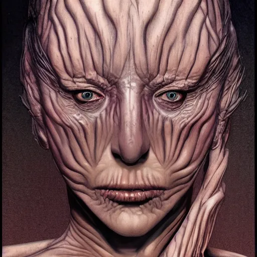 Image similar to a beautiful female face, by Wayne Barlowe and H R Giger and Bill Ellis, trending on artstation