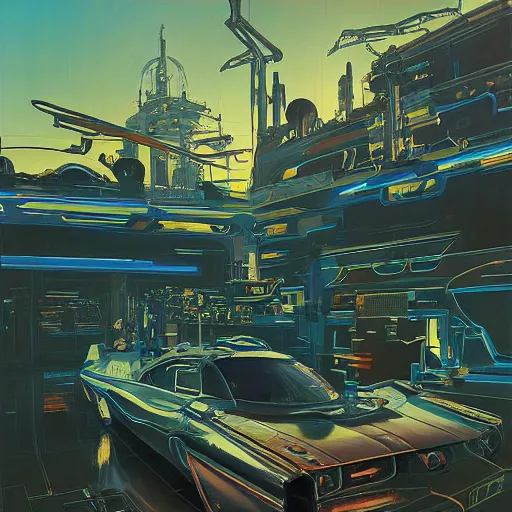 Image similar to painting of syd mead artlilery scifi tech with ornate metal work lands in country landscape, filigree ornaments, volumetric lights, simon stalenhag