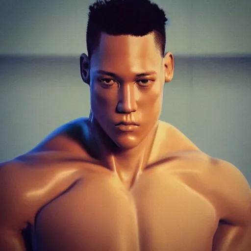 Image similar to “a realistic detailed photo of a guy who is an attractive humanoid who is half robot and half humanoid, who is a male android, baseball player Aaron Judge, shiny skin, posing like a statue, blank stare”