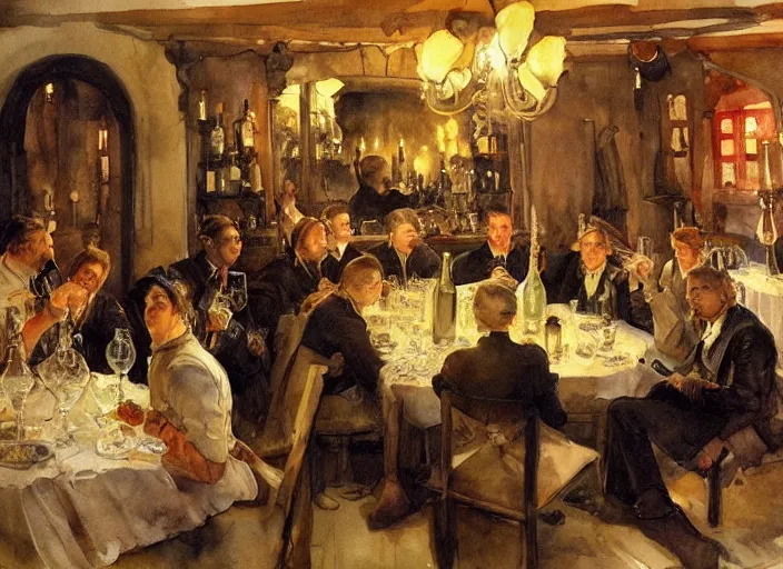 Image similar to gentlemens dinner, cellar, masterpiece, torches on wall, meat, wine, schnapps, watercolor by anders zorn and carl larsson, art nouveau