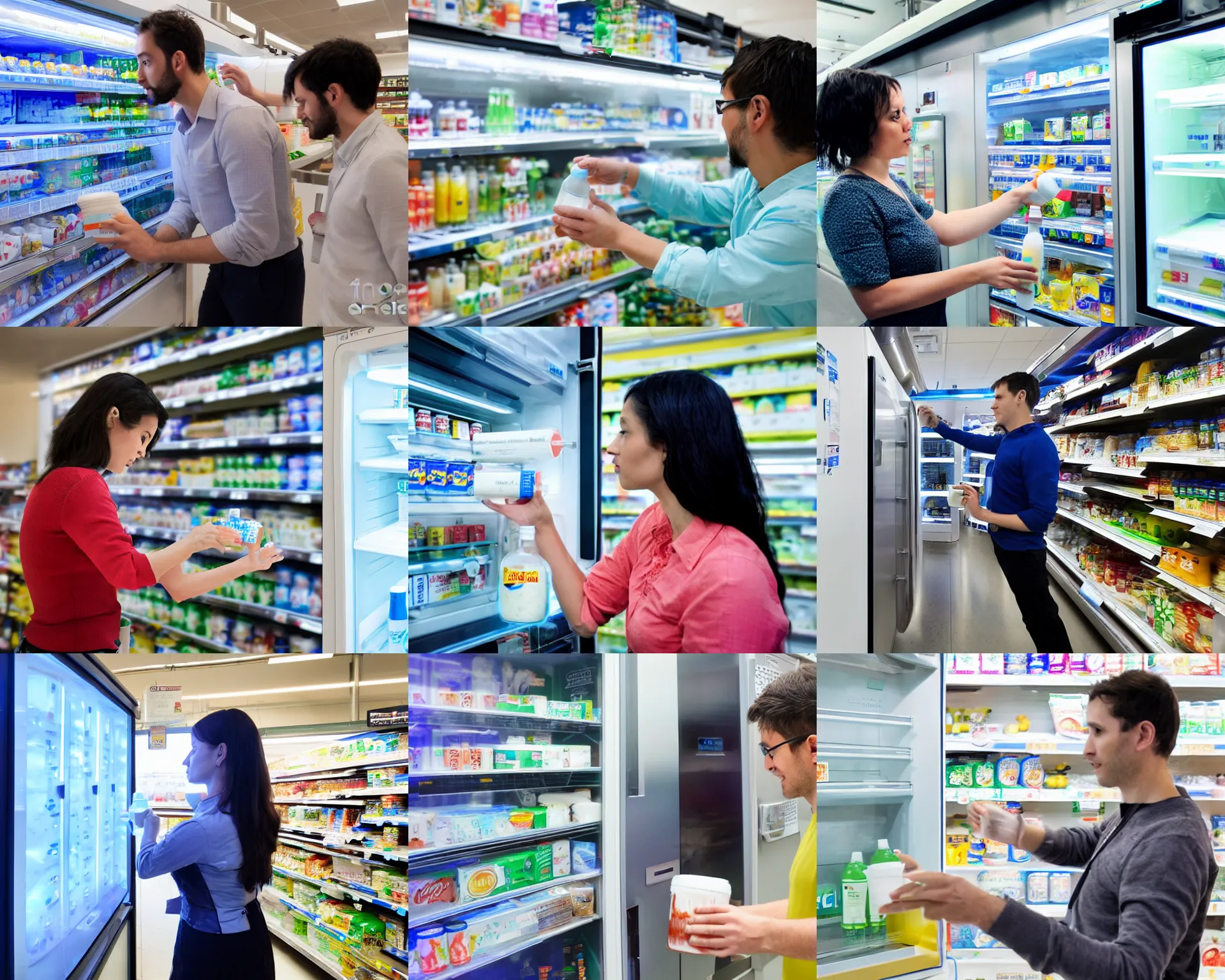 Prompt: a data scientist taking milk from a supermarket fridge, photograph