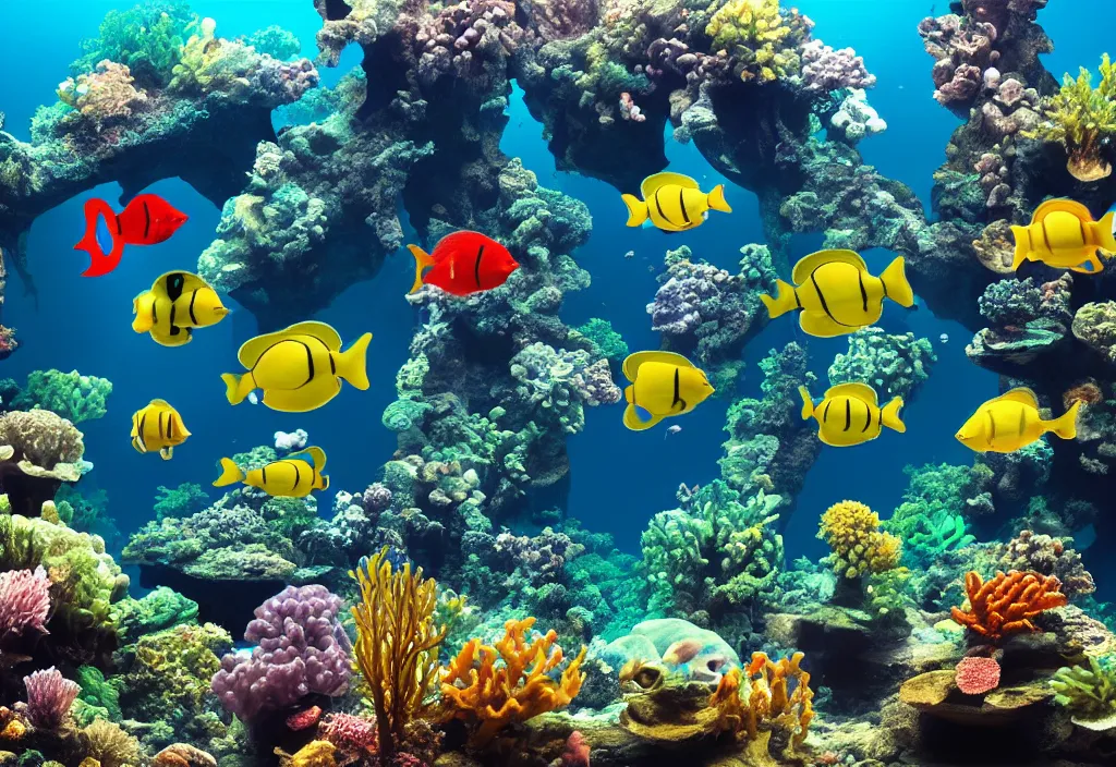 Prompt: an underwater city full of tropical fish, National Geographic, photo, HD, 8k