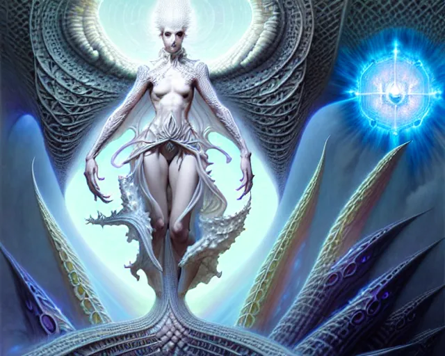 Image similar to the stronghold of white light and angels, fantasy character portrait made of fractals facing each other, ultra realistic, wide angle, intricate details, the fifth element artifacts, highly detailed by peter mohrbacher, hajime sorayama, wayne barlowe, boris vallejo, aaron horkey, gaston bussiere, craig mullins