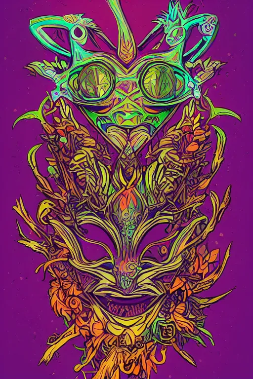 Image similar to animal mask totem roots flower tribal feather gemstone plant wood rock shaman vodoo video game vector cutout illustration vivid multicolor borderlands comics by josan gonzales and dan mumford radiating a glowing aura