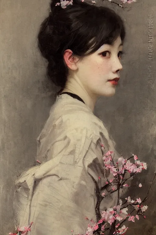 Image similar to Solomon Joseph Solomon and Richard Schmid and Jeremy Lipking victorian genre painting full length portrait painting of a young beautiful woman from japan with cherry blossoms and cherry trees