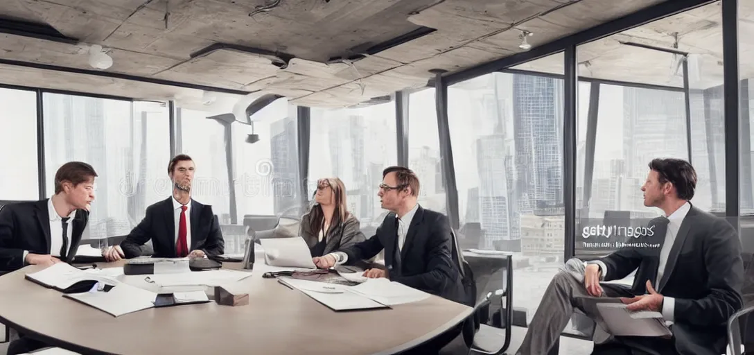 Prompt: neandetheral in suit is discussing deal with ceo of corporation, room with furniture made of mammoth skeleton and some modern day furniture, business formal atmosphere, hyperrealistic photo, business meeting, stock photo style