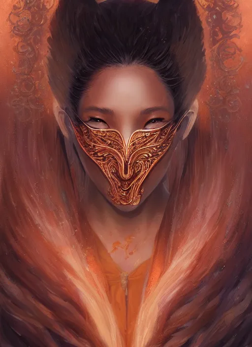 Image similar to a beautiful detailed oil on copper art illustration of a kitsune mask woman, centered, by charlie bowater, zeng fanzh, trending on artstation, dim dusk lighting, cinematic lighting, detailed lighting, volumetric lighting, realistic, f 8, 4 k hd wallpaper