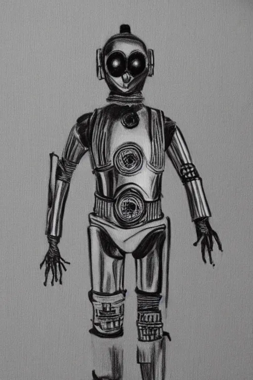 Prompt: a very bad child's drawing of c 3 po, crayon, black and white