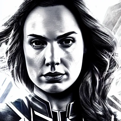 Image similar to a potrait of gal gadot as Captain Marvel by Zack Snyder, 8k photorealistic, cinematic lighting, HD, high details, dramatic, trending on artstation, view from above, dark atmosphere,
