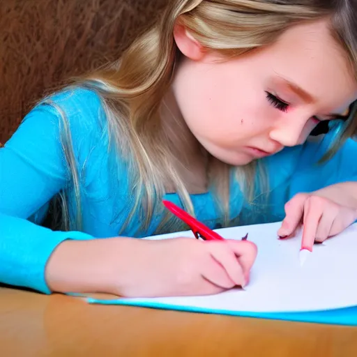 Prompt: sad blonde 5yo girl in light-blue shirt, tiny bow in bob hairstyle, crying with tears and drawing with red crayon, realistic photo