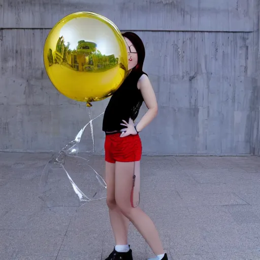 Image similar to chrome girl holding chrome balloon:: wide angle:: full body shot