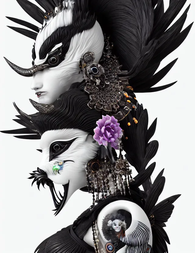 Image similar to 3 d goddess close - up profile portrait punk with mohawk with ram skull. beautiful intricately detailed japanese crow kitsune mask and clasical japanese kimono. betta fish, jellyfish phoenix, bio luminescent, plasma, ice, water, wind, creature, artwork by tooth wu and wlop and beeple and greg rutkowski