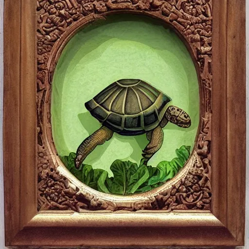 Image similar to Tortoise eating lettuce, art noveau, very detailed