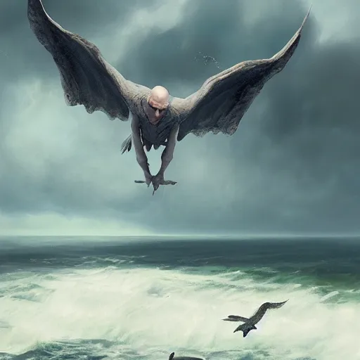 Image similar to voldemort, huge wings, scary weather, stormy, ocean, exudes terror ， island ， castle ， vine, spitfire, photography, hyperrealistic, by greg rutkowski, smooth, illustration, elegant, artstation, digital painting.