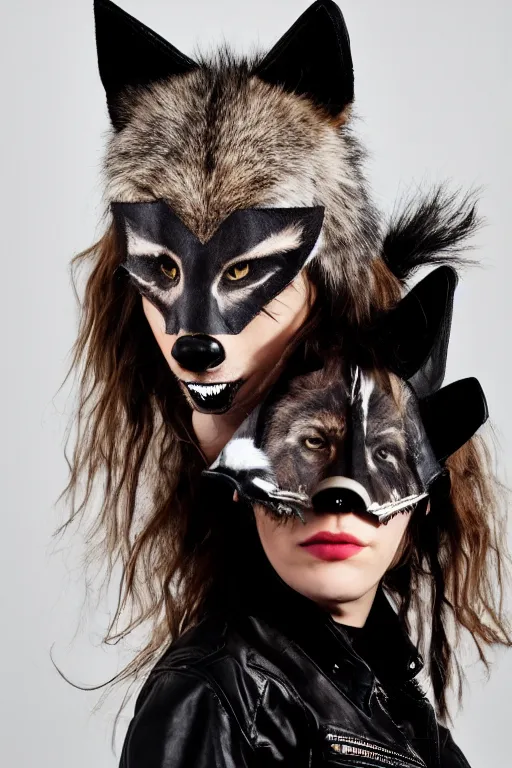 Image similar to photographic portrait of a punk girl in a leather jacket wearing a wolf's head over her face, high fashion, style magazine shoot, cool punk with wolf on her head