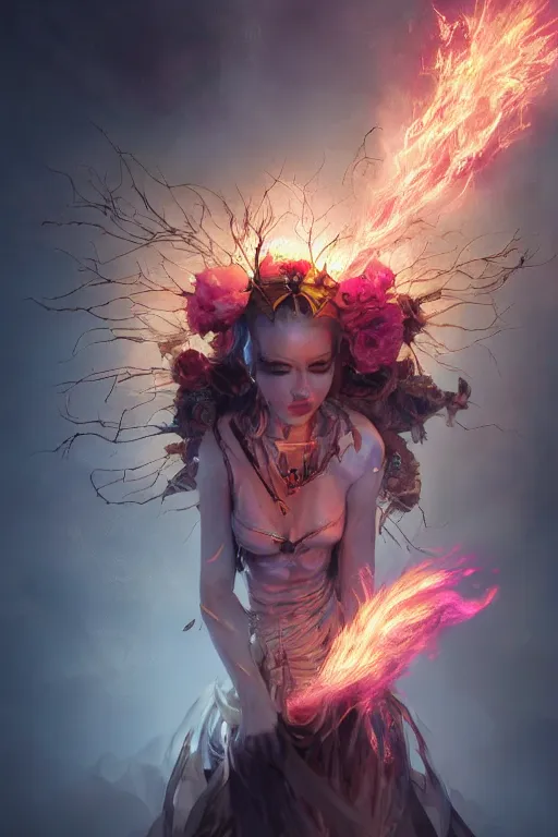 Image similar to face closeup of beautiful girl necromancer, witch - doctor exploding into flowers, angels, 3 d render, hyper - realistic detailed portrait, holding fire and electricity, ruan jia, wlop. scifi, fantasy, magic the gathering, hyper detailed, octane render, concept art, peter mohrbacher