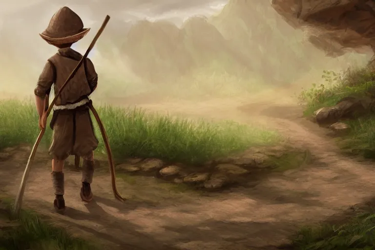 Image similar to a lone brownish whiteish kobold traveling the long dirt road carrying a bindle stick, d & d, fantasy setting, character concept art, 4 k, digital art