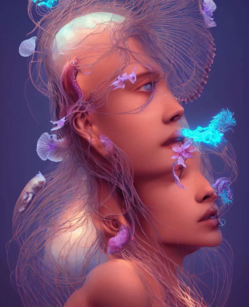 Image similar to goddess close-up portrait. jellyfish phoenix head, nautilus, orchid, skull, betta fish, bioluminiscent creatures, intricate artwork by Tooth Wu and wlop and beeple. octane render, trending on artstation, greg rutkowski very coherent symmetrical artwork. cinematic, hyper realism, high detail, octane render, 8k