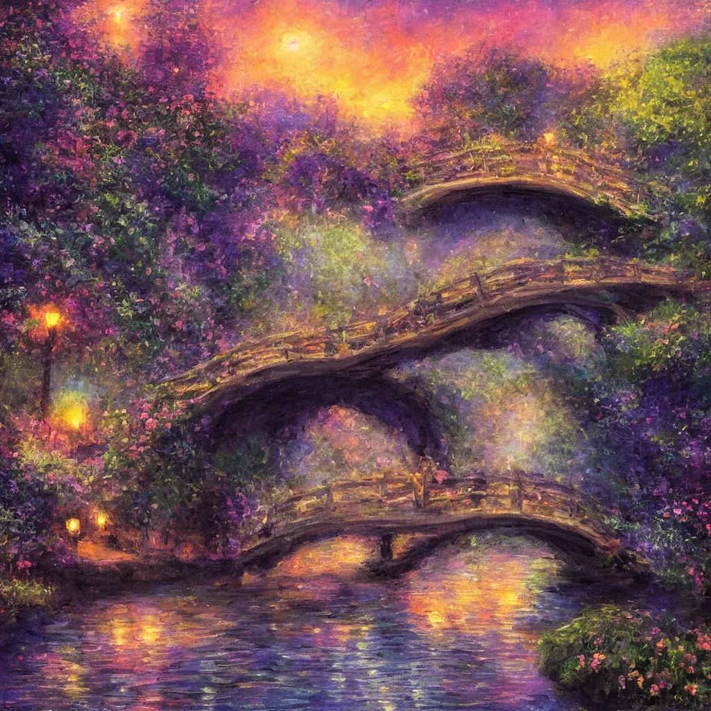 Image similar to fairyland bridge, outside of time and space, dreamy, romantic, dusk, expressive impressionist style, highly detailed, 8 k