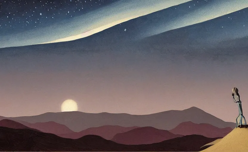 Image similar to mountains, stars and paisley filled sky, artstation, intricate, highly detailed, digital painting, concept art, sharp focus, illustration by Edward Hopper and Yves Tanguy