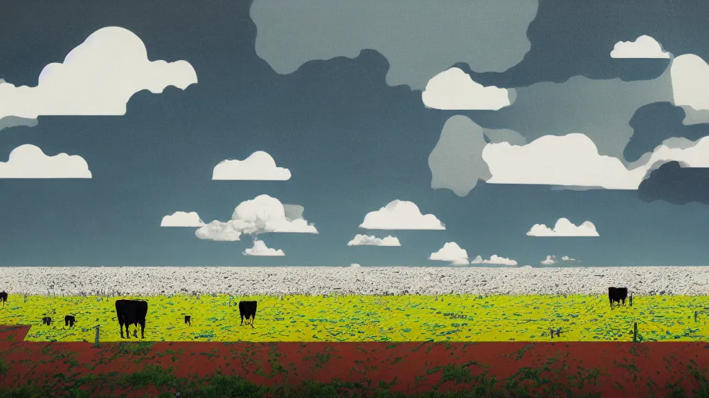 Image similar to cow pasture in saitama japan, a collage painting, in the style of wes anderson, lola dupre, david hockney, isolated on negative white space background dark monochrome neon fluorescent spraypaint accents volumetric octane render