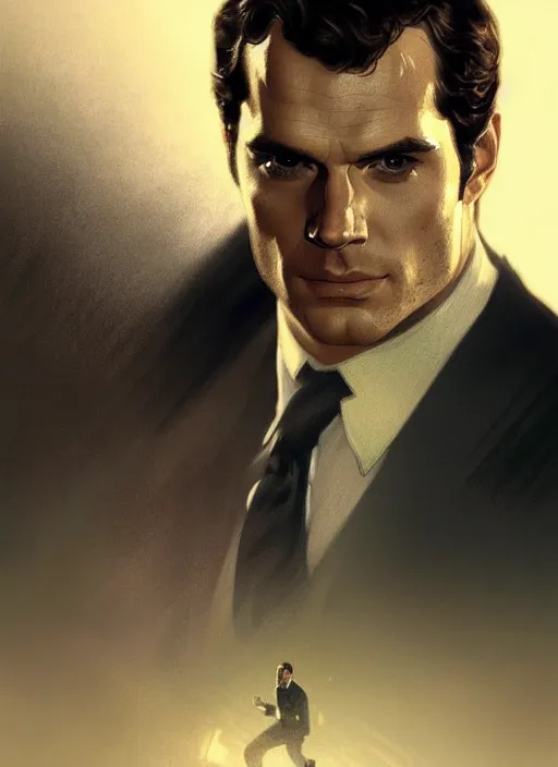 Image similar to portrait of henry cavill as james bond, key art, running, highly detailed, digital painting, artstation, concept art, cinematic lighting, sharp focus, illustration, by gaston bussiere alphonse mucha