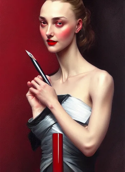 Prompt: “ daria strokous as femme fatale smiling, with red lips, holding knife on her victim ’ s throat intricate, elegant, highly detailed, digital painting, artstation, concept art, smooth, sharp focus uhd 8 k, art by artgerm and greg rutkowski and alphonse mucha ”