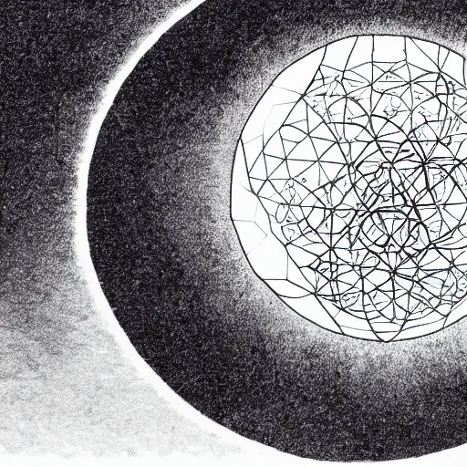 Image similar to sketch of an omnipotent being inside a void creating new worlds in the shape of white glowing spheres