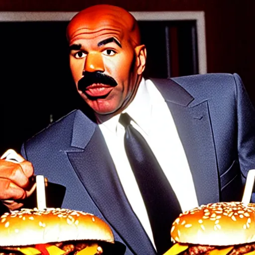 Prompt: steve harvey on the set of pulp fiction eating a cheeseburger