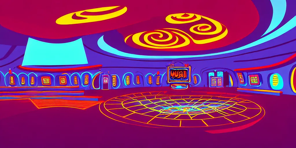 Prompt: curled perspective digital art of curly colorful indoor casino with a stage by anton fadeev from nightmare before christmas