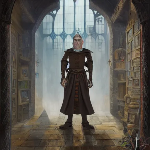 Prompt: full body portrait of Dennis hopper as a devious medieval lord standing on the right inside a big medieval Shop with tall windowpane, shelves full of medieval goods, morning light, trending on artstation, style of peter mohrbacher, unreal engine, octane render, intricate details, 8k high definition, beauriful, ornate, hyperrealistic