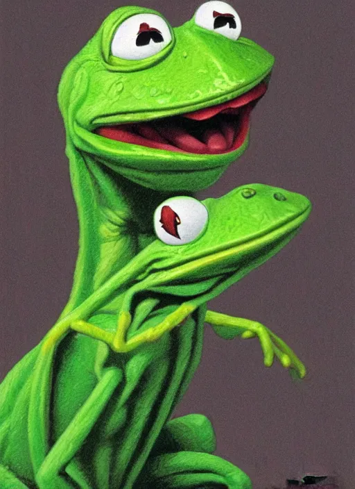 Image similar to portrait of a Screaming Kermit the frog in Society (1989), highly detailed, centered, solid color background, digital painting, artstation, concept art, smooth, sharp focus, illustration, artgerm, donato giancola, Joseph Christian Leyendecker, Les Edwards, Ed Repka, WLOP, Artgerm