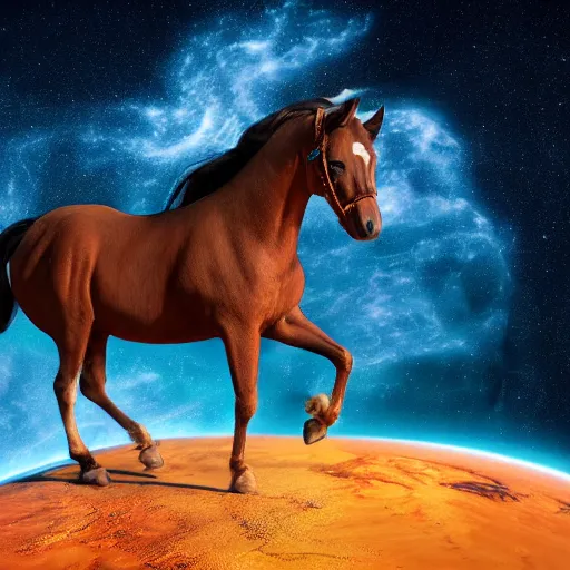 Prompt: horse wearing a space suit floating in outer space, highly detailed, stars in the background, nasa picture, 4 k, octane render, highly realistic photograph