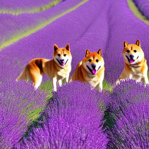 Image similar to A group of Shiba Inus in Purple Lavender field, 8k UHD, Nature photography, high detail, High quality, stunning lighting, beautiful lighting,