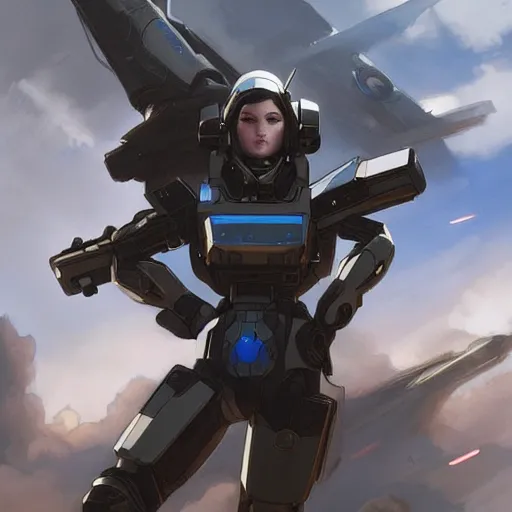 Image similar to woman dressed in scifi military uniform and armor with black hair and blue eyes, piloting a mech, elegant, digital illustration, detailed, intricate, sharp focus, digital painting, deep focus, digital painting, artstation, concept art, matte, art by artgerm and greg rutkowski and alphonse mucha
