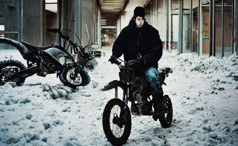 Image similar to cinestill 5 0 d candid photographic portrait by helen levitt of britt lower wearing rugged black mesh techwear on a dirtbike through an abandoned mall, extreme closeup, modern cyberpunk moody emotional cinematic, snow storm, 8 k, hd, high resolution, 3 5 mm, f / 3 2, ultra realistic faces, ex machina