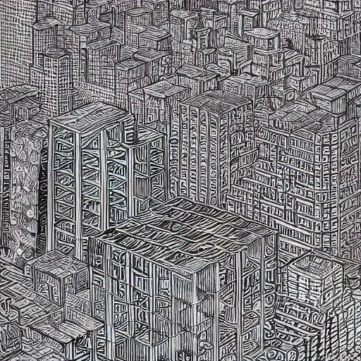 Prompt: Geometric cube city, extremely high detail, photorealistic, intricate line drawings, dotart, album art in the style of James Jean