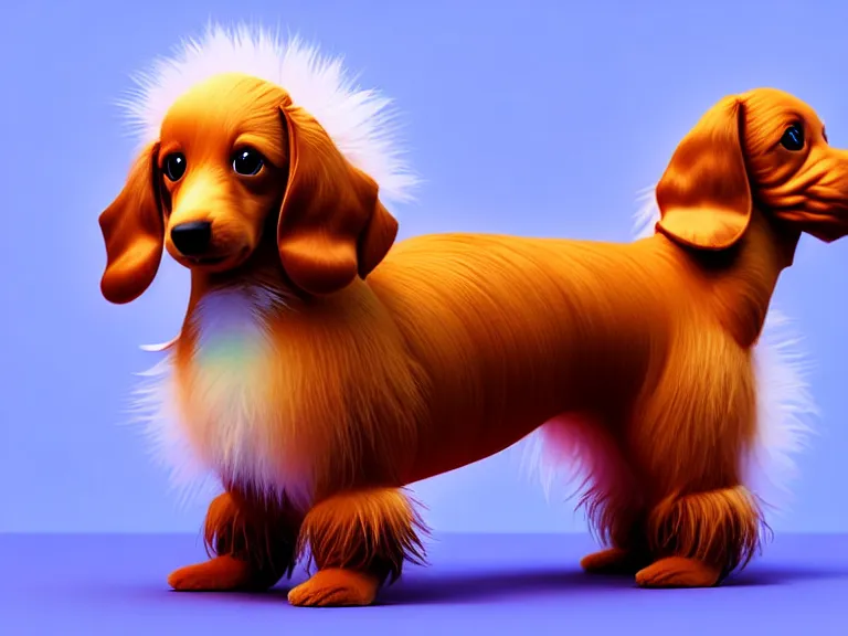 Image similar to high quality 3 d render hyperrealist very cute fluffy dachshund dog, plush mascot, long spiky fluffy smooth hair, photo from the side, multi pastel colors, vray, smooth background, artstation, ultra detailed