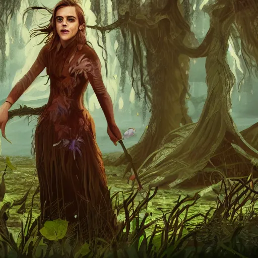 Prompt: emma watson as a swamp witch, digital art, trending on art station, swamp background, illustration, character illustration, 4 k, hyper detailed, by jason chan