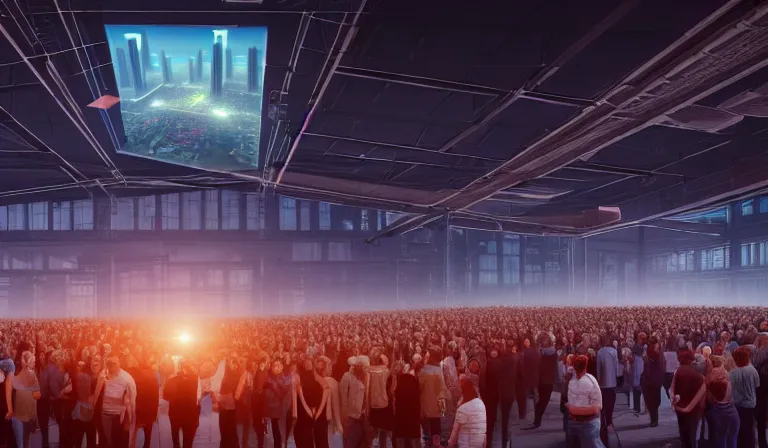 Image similar to crowd of people in humble warehouse, looking at hologram of futuristic city on a table, cinematic concept art, godrays, golden hour, natural sunlight, 4 k, clear details, tabletop model buildings, center model buildings, hologram center, crane shot, crane shot, crane shot