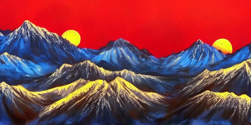 Image similar to 8k painting of Kashmir landscape with red moon and starry night in the background, icy mountains in the background