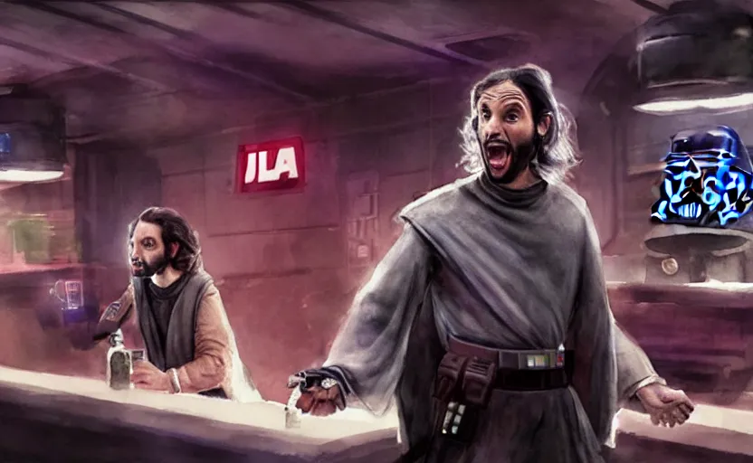 Image similar to an accurate realistic star wars watercolor fantasy concept art of a drug dealer that looks like chris d'elia yelling angrily in a sleazy futuristic bar of coruscant, hq, 4 k