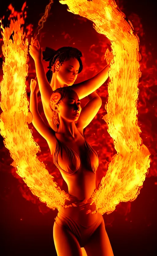 Image similar to women made out of fire dancing in fire, art station, cgsociety, high detail