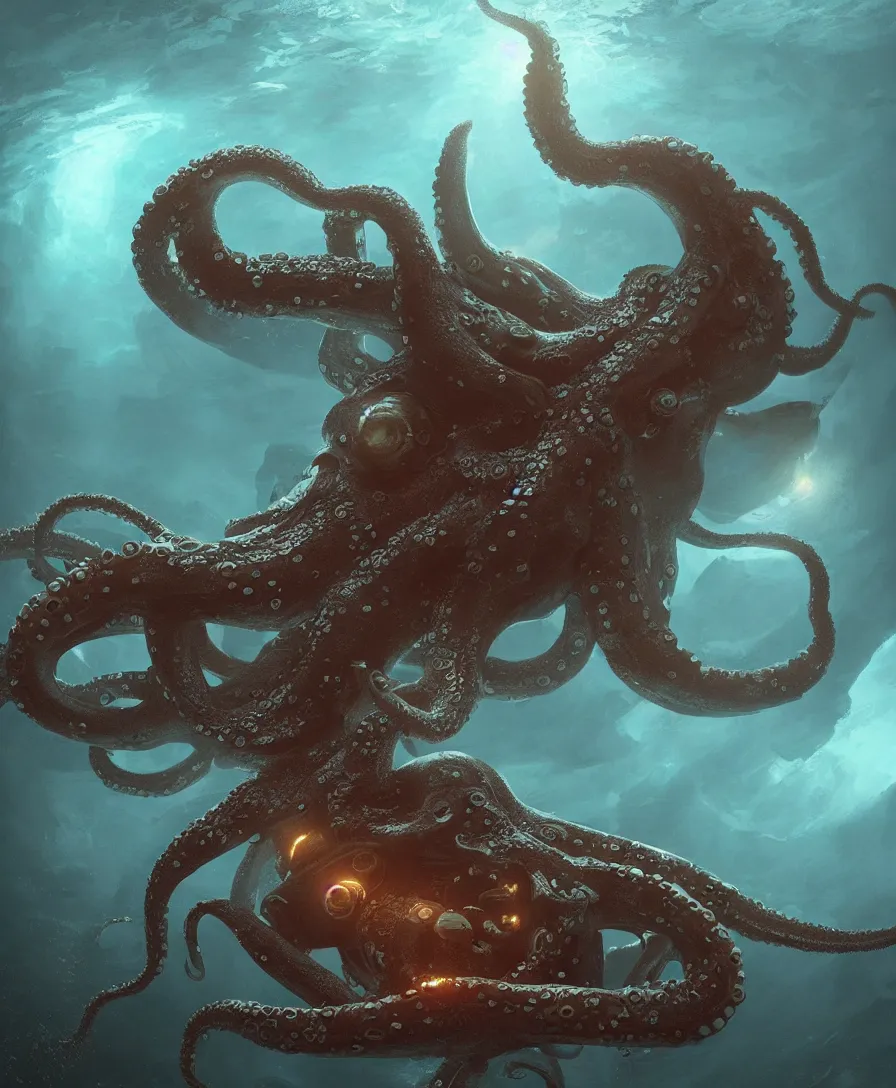 Image similar to giant octopus grabbing a small submarine underwater, illustrated by greg rutkowski, beautiful volumetric lighting style atmosphere, intricate, ultra detailed, photorealistic imagery, trending on artstation, octane render, 8 k