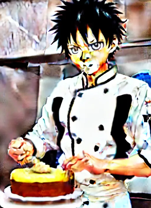 Prompt: chef saitama one punch man, dressed as a pastry chef, focused at making a cake, beautiful anime artwork