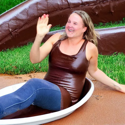 Image similar to adult sliding down chocolate pudding slip n slide legs first, professional photo taken at the park