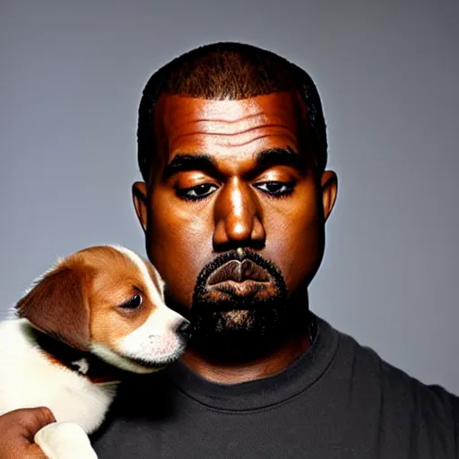 Prompt: Kanye West crying while holding a puppy for a 1990s sitcom tv show, Studio Photograph, portrait, very sad C 12.0