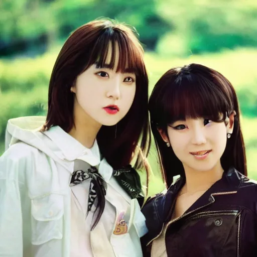 Image similar to 1990s, unbelievably beautiful, perfect, dynamic, epic, cinematic 8K HD movie shot of two semi-close-up japanese beautiful cute young J-Pop idols actresses girls, they express joy and posing together. By a Chinese movie director. Motion, VFX, Inspirational arthouse, high budget, hollywood style, at Behance, at Netflix, with Instagram filters, Photoshop, Adobe Lightroom, Adobe After Effects, taken with polaroid kodak portra