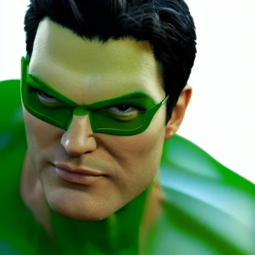 Image similar to still photo of green superman, highly detailed, photorealistic portrait, bright studio setting, studio lighting, crisp quality and light reflections, unreal engine 5 quality render